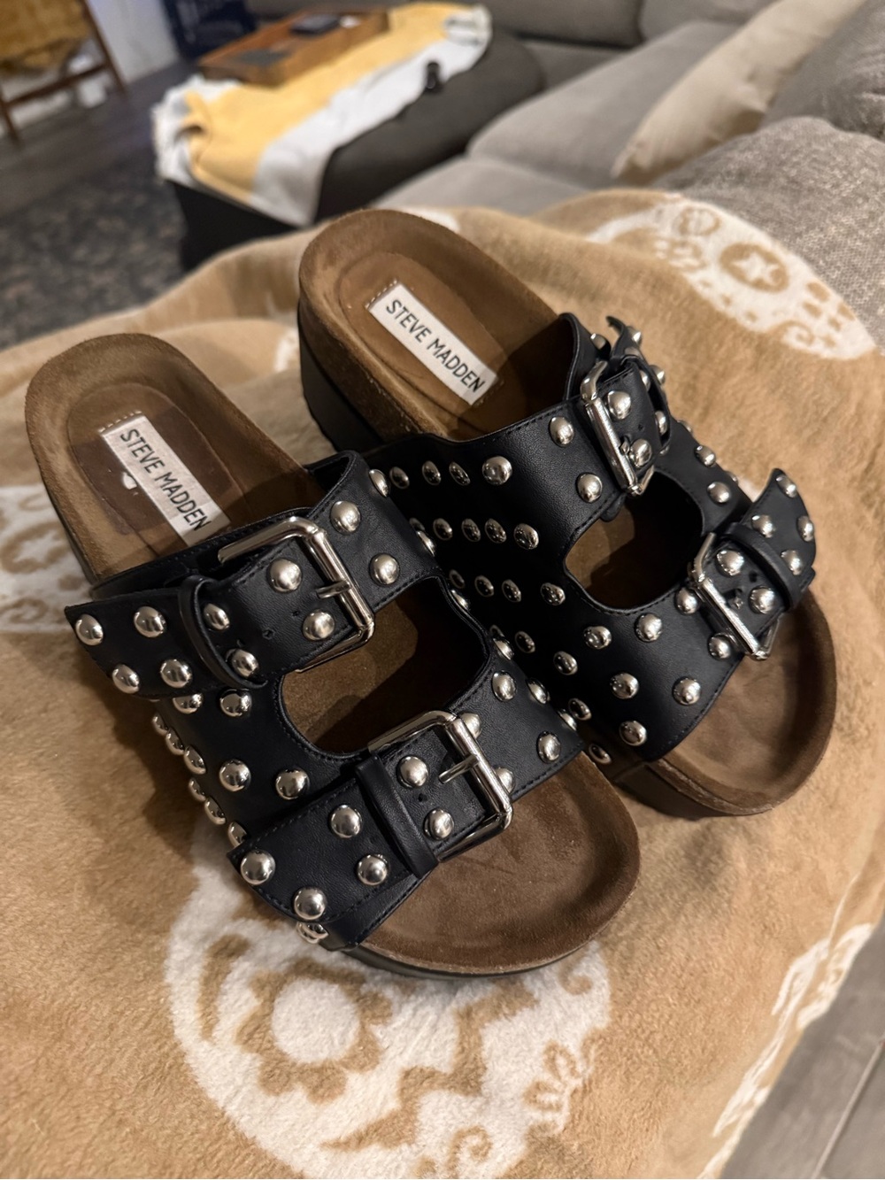 Steve Madden Black Studded Double-Buckle Slide Mules